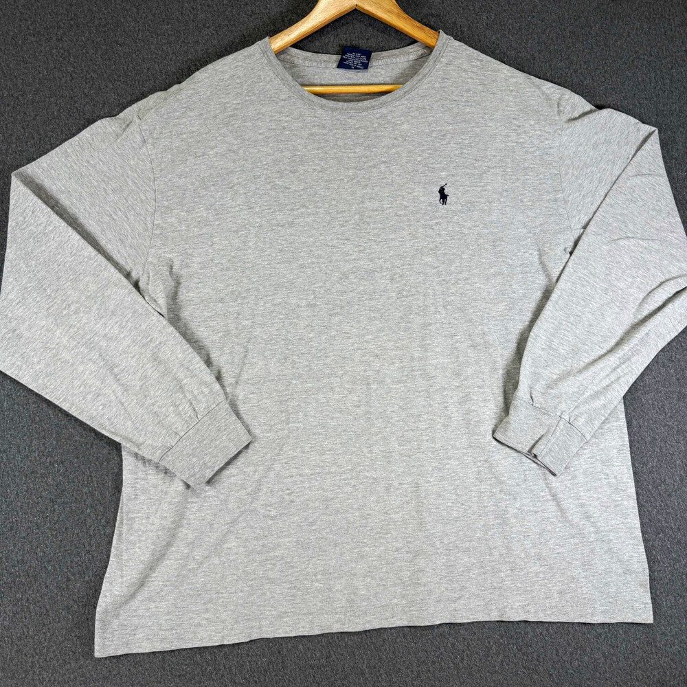 Polo Ralph Lauren Mens XL Heather Gray Long Sleeve T Shirt Navy Pony Crew Neck